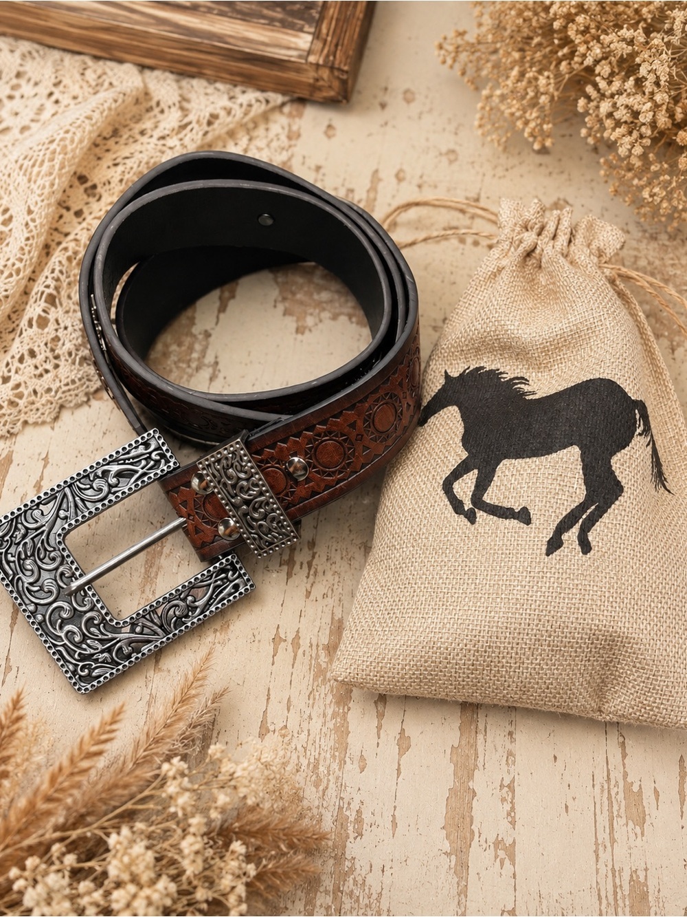 Women’s Western Cowgirl Belt Brown Studded Floral Buckle Fits 28–38 New